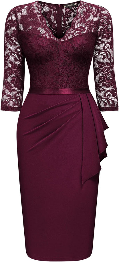 Miusol Women's Retro V Neck Floral Lace Ruffle Style Cocktail Party Dress