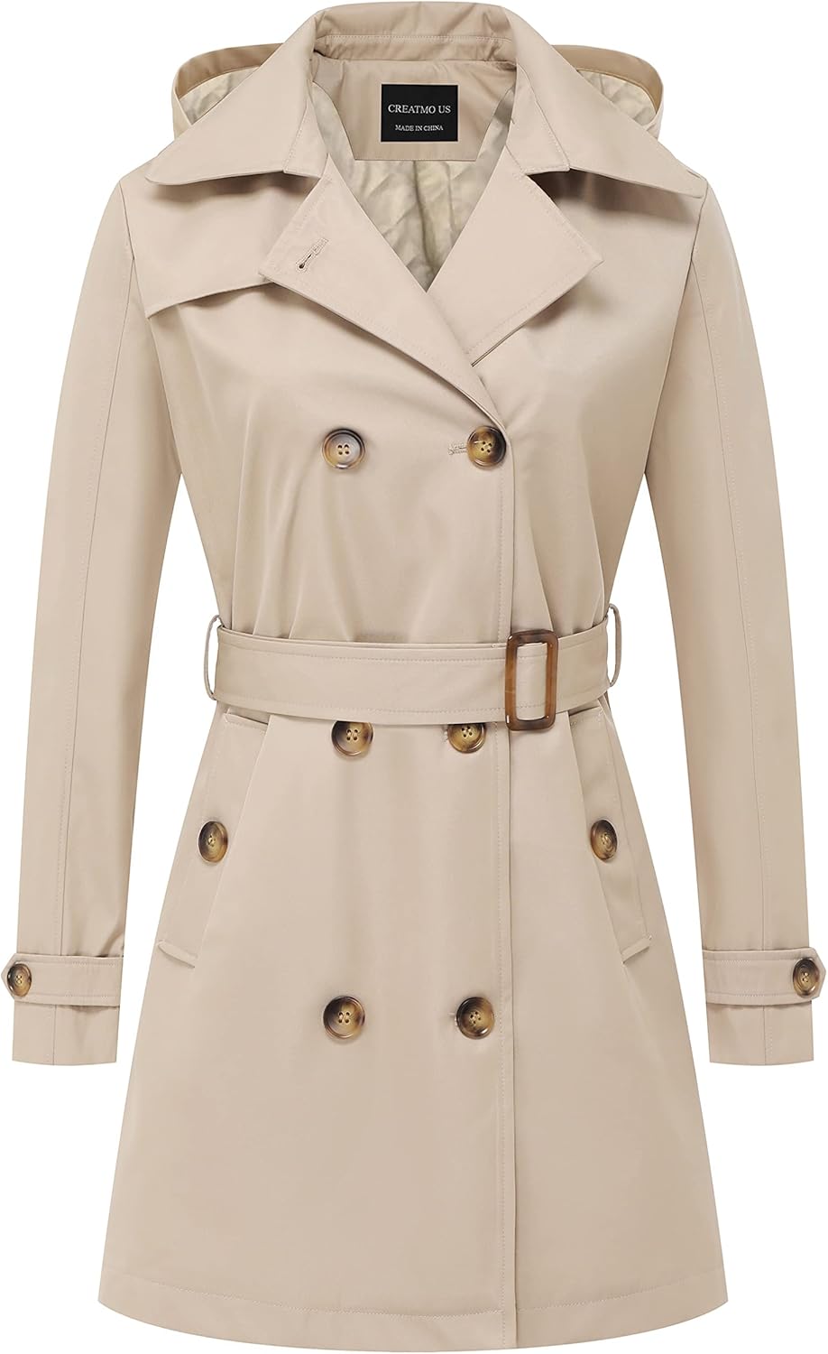 CREATMO US Women's Trench Coat Double-Breasted Classic Lapel Overcoat Belted Slim Outerwear Coat with Detachable Hood