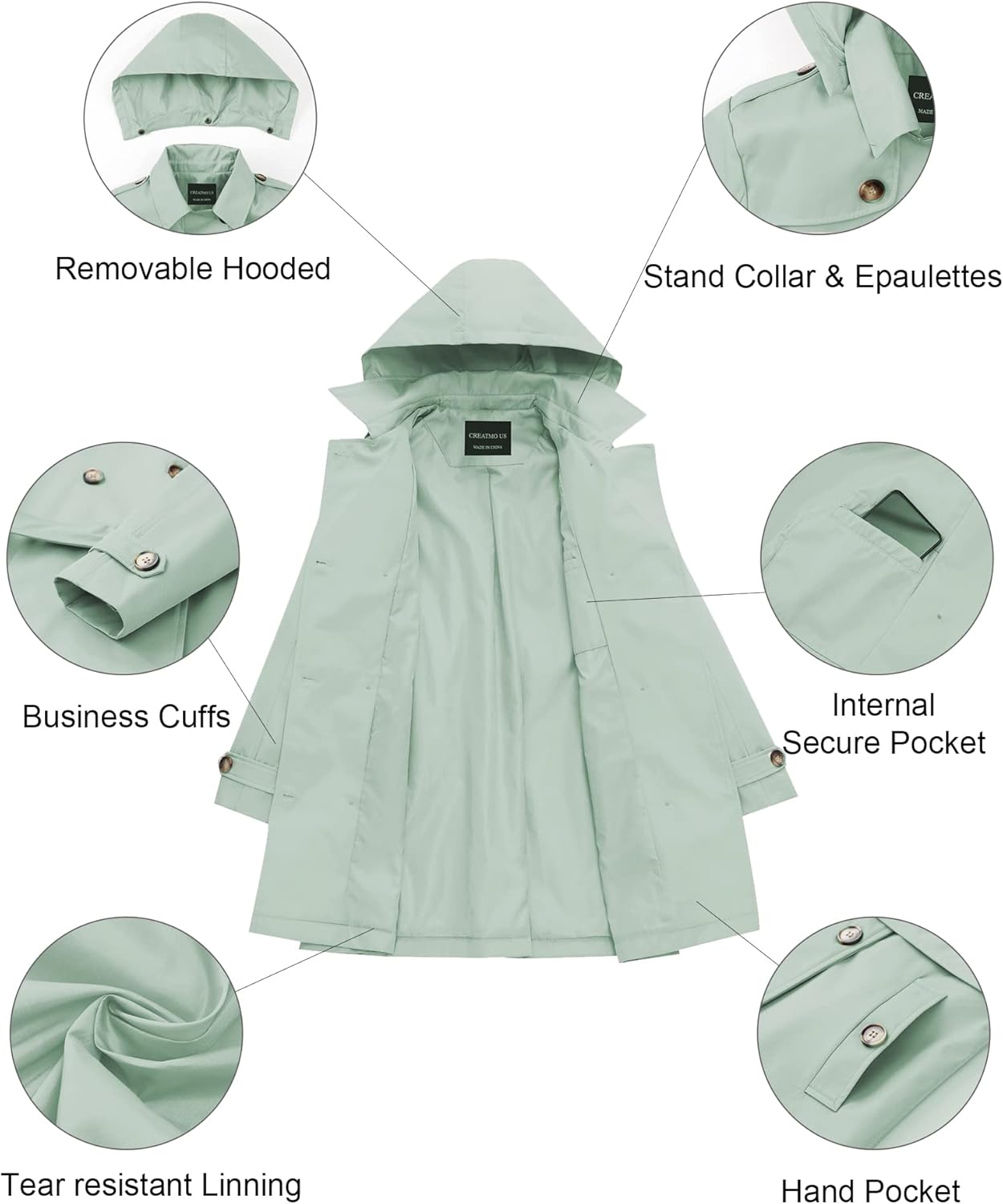 CREATMO US Women's Trench Coat Double-Breasted Classic Lapel Overcoat Belted Slim Outerwear Coat with Detachable Hood