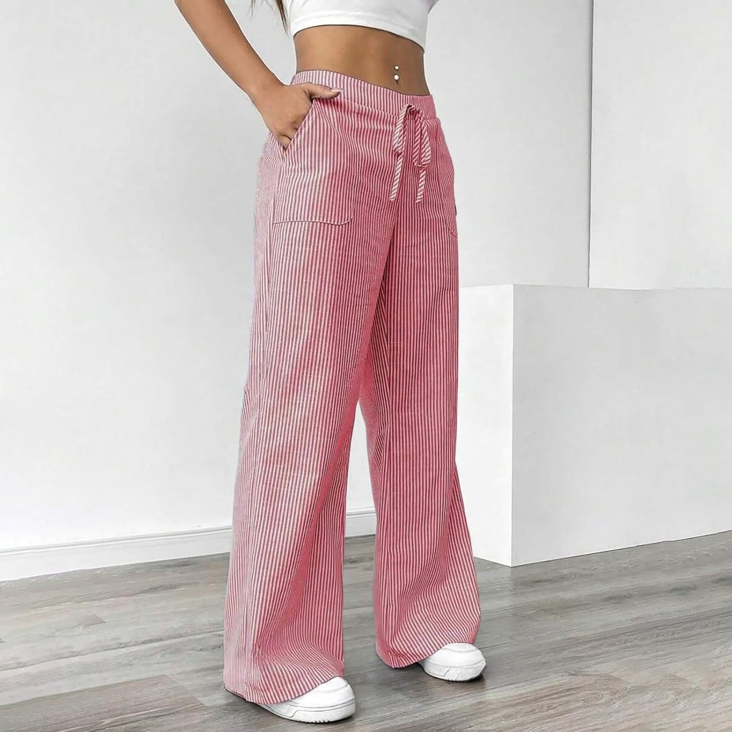 Women's Fashion Striped Cotton Linen Pants Casual Drawstring Waist Wide Leg Pants 2025 Trendy Baggy Beach Trousers
