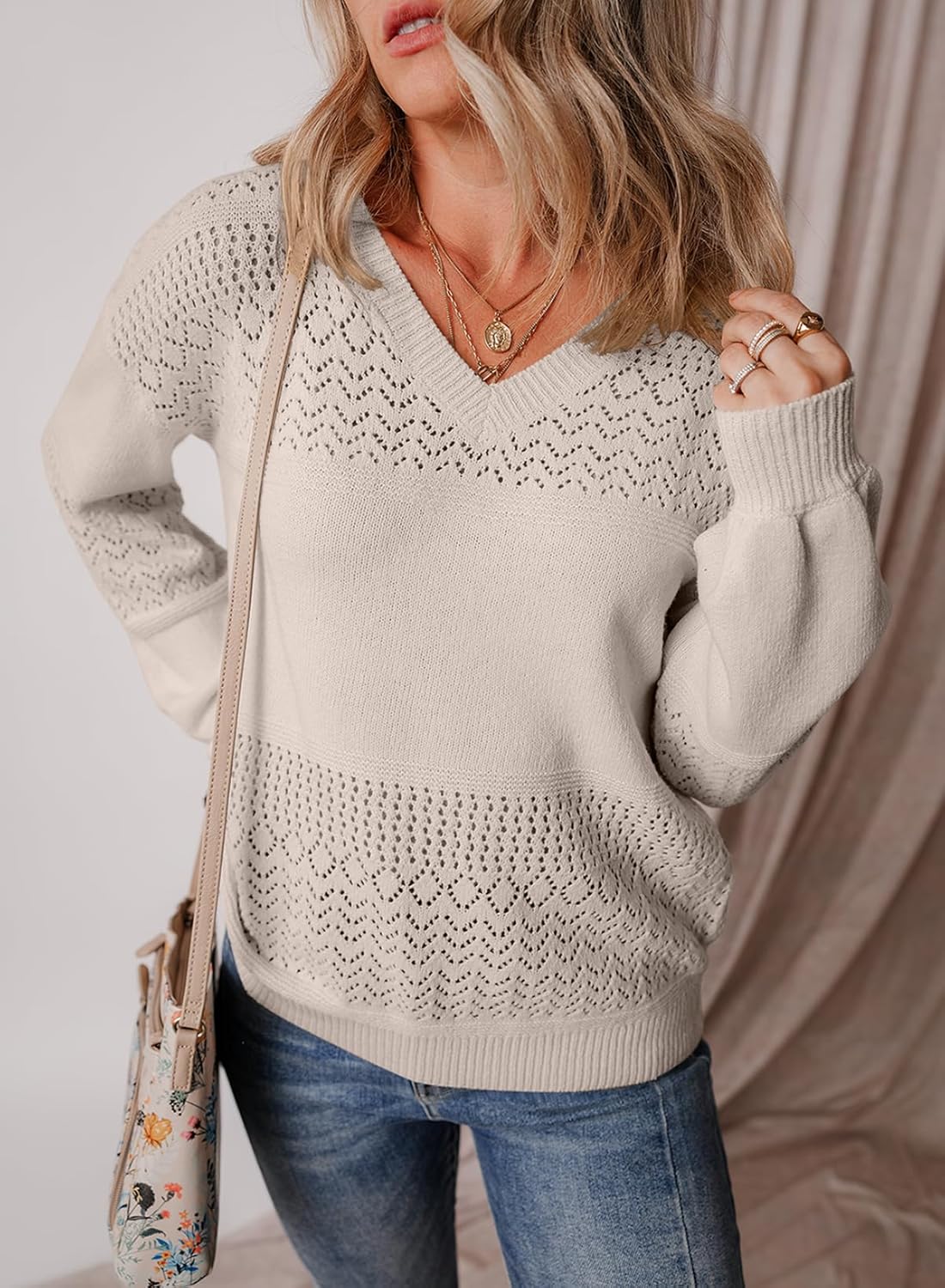 Womens Sweaters Causal Long Sleeve V Neck Lightweight Corchet Pullover Sweater Tops