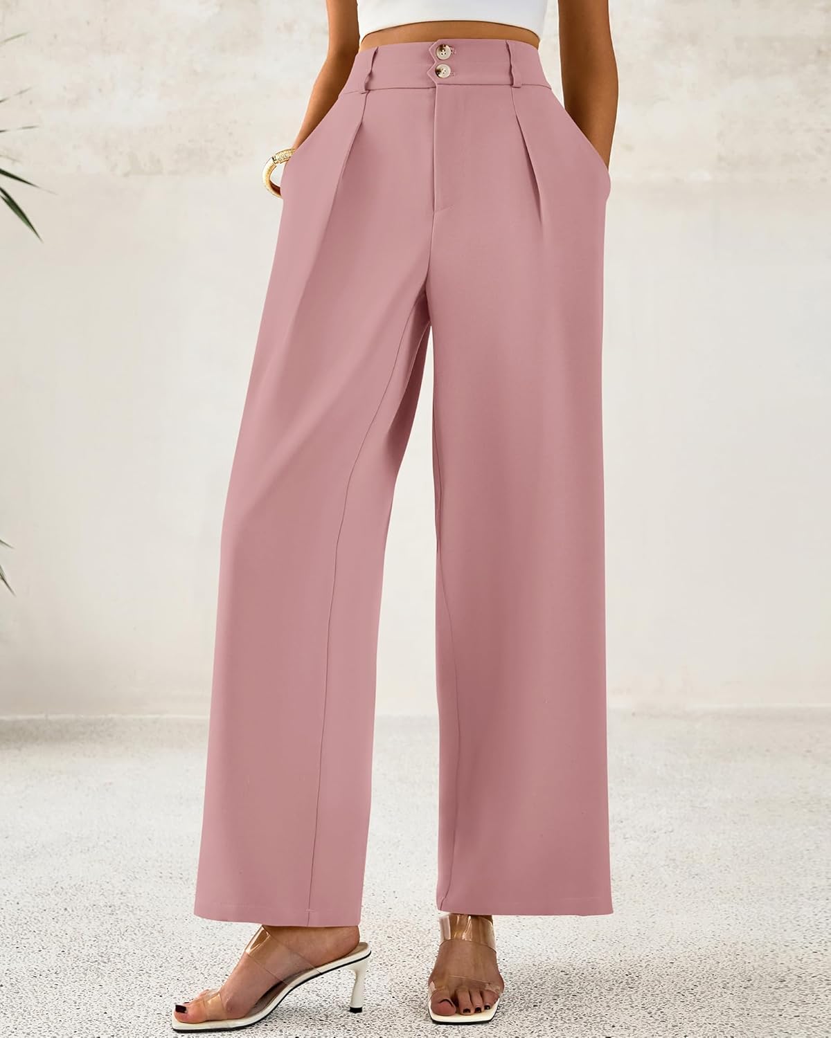 BTFBM Women Wide Leg Dress Pants 2025 High Waisted Button Pleated Business Casual Trousers Office Work Palazzo Pants