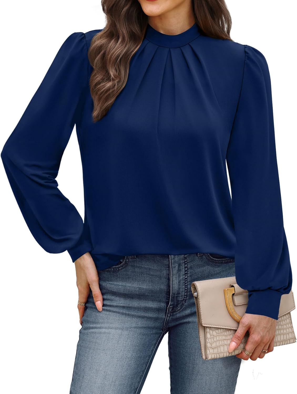 WIHOLL Long Sleeve Shirts for Women Mock Neck Tops Pleated Front Blouses Dressy Casual Fall Clothes 2025 Fashion