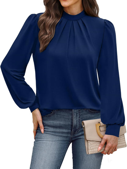 WIHOLL Long Sleeve Shirts for Women Mock Neck Tops Pleated Front Blouses Dressy Casual Fall Clothes 2025 Fashion