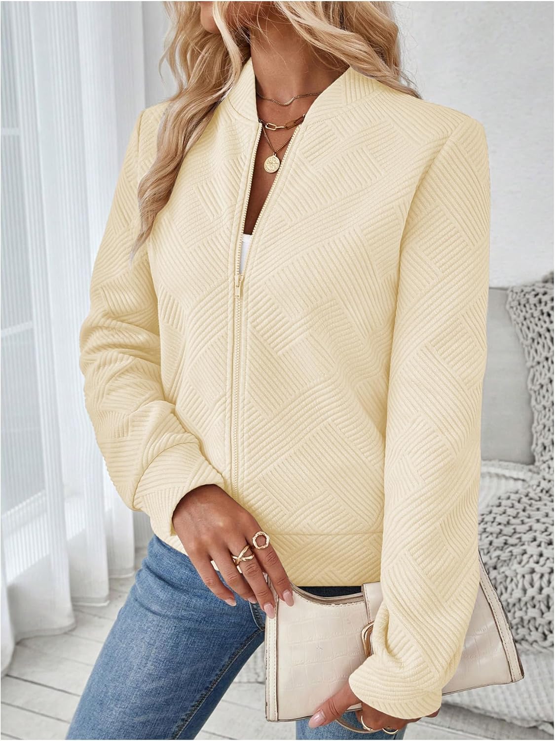 Verdusa Women's Zip Up Textured Lightweight Bomber Jacket Casual Long Sleeve Outerwear