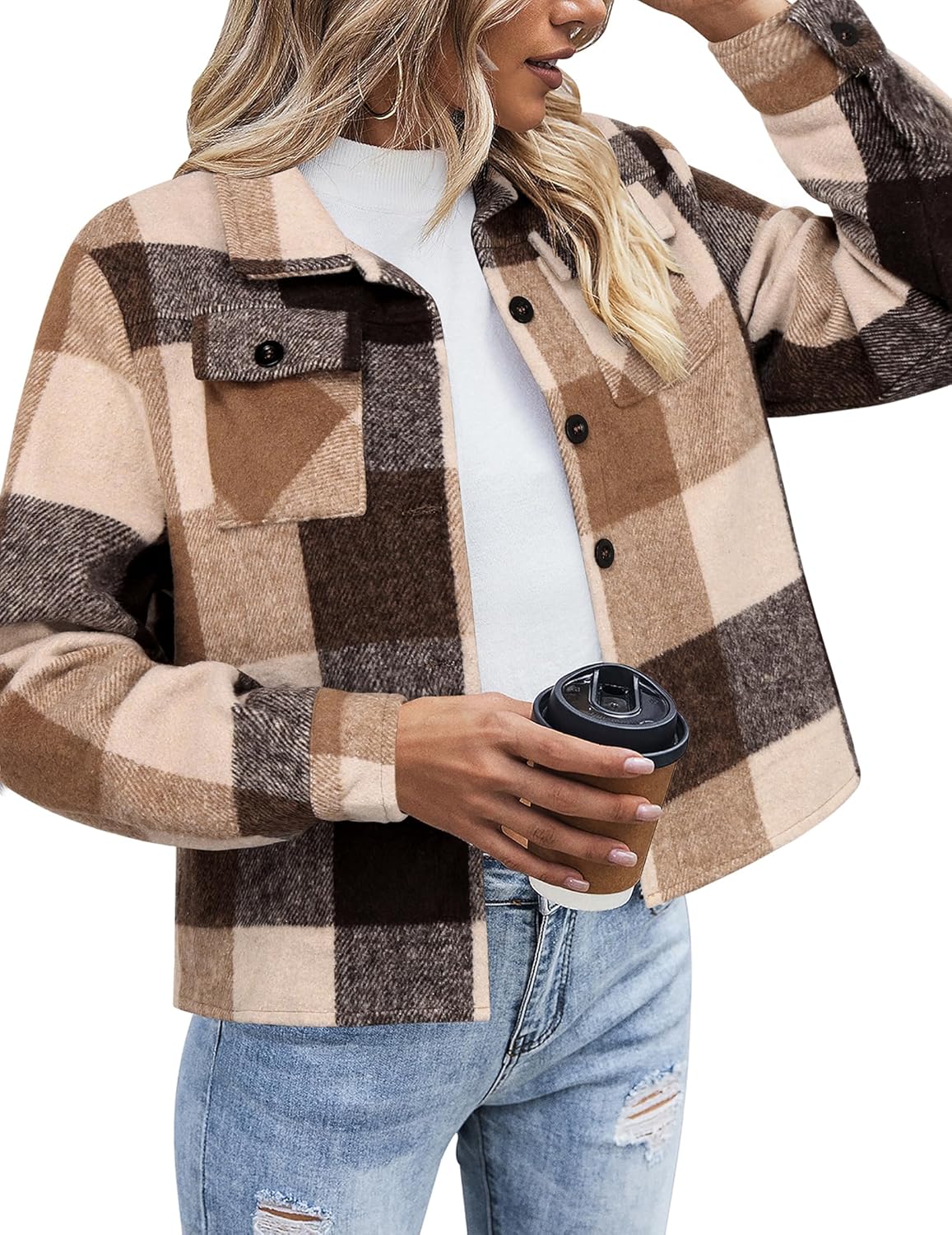 ZEAGOO Jackets for Women Cropped Flannel Plaid Shacket 2025 Fashion Button Down Shirt Coats Tops