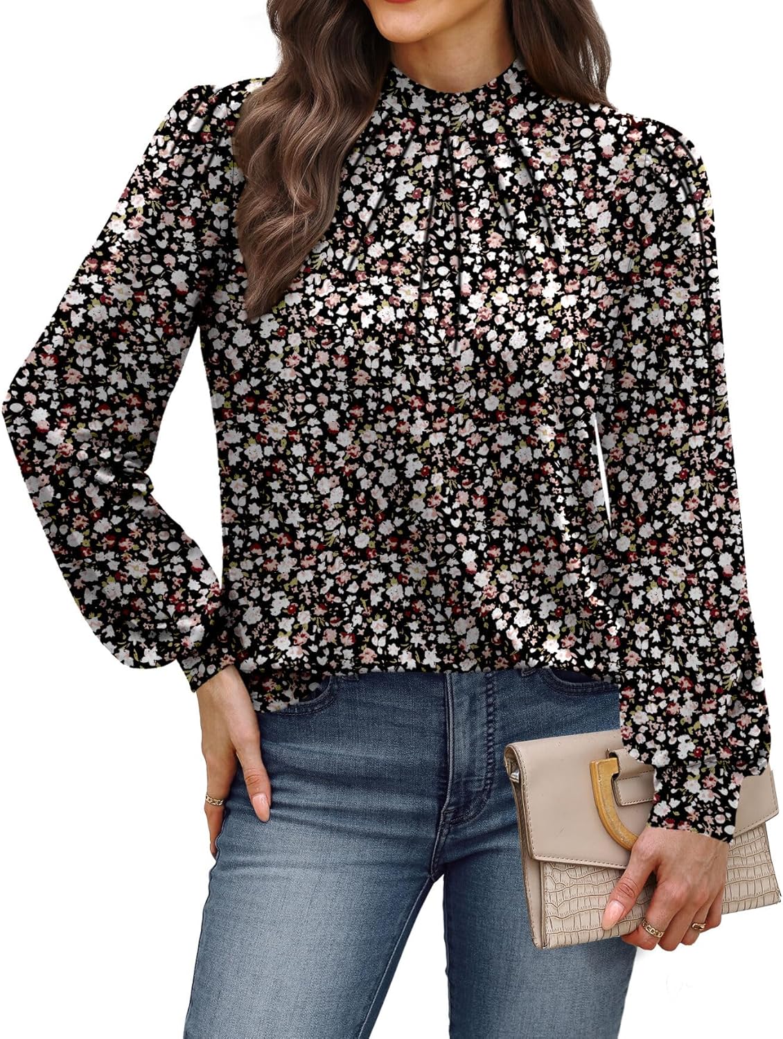 WIHOLL Long Sleeve Shirts for Women Mock Neck Tops Pleated Front Blouses Dressy Casual Fall Clothes 2025 Fashion