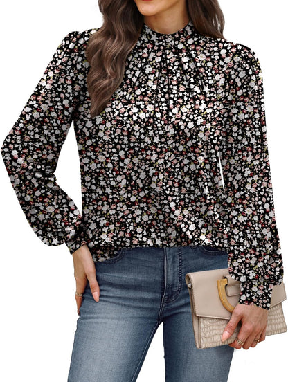 WIHOLL Long Sleeve Shirts for Women Mock Neck Tops Pleated Front Blouses Dressy Casual Fall Clothes 2025 Fashion