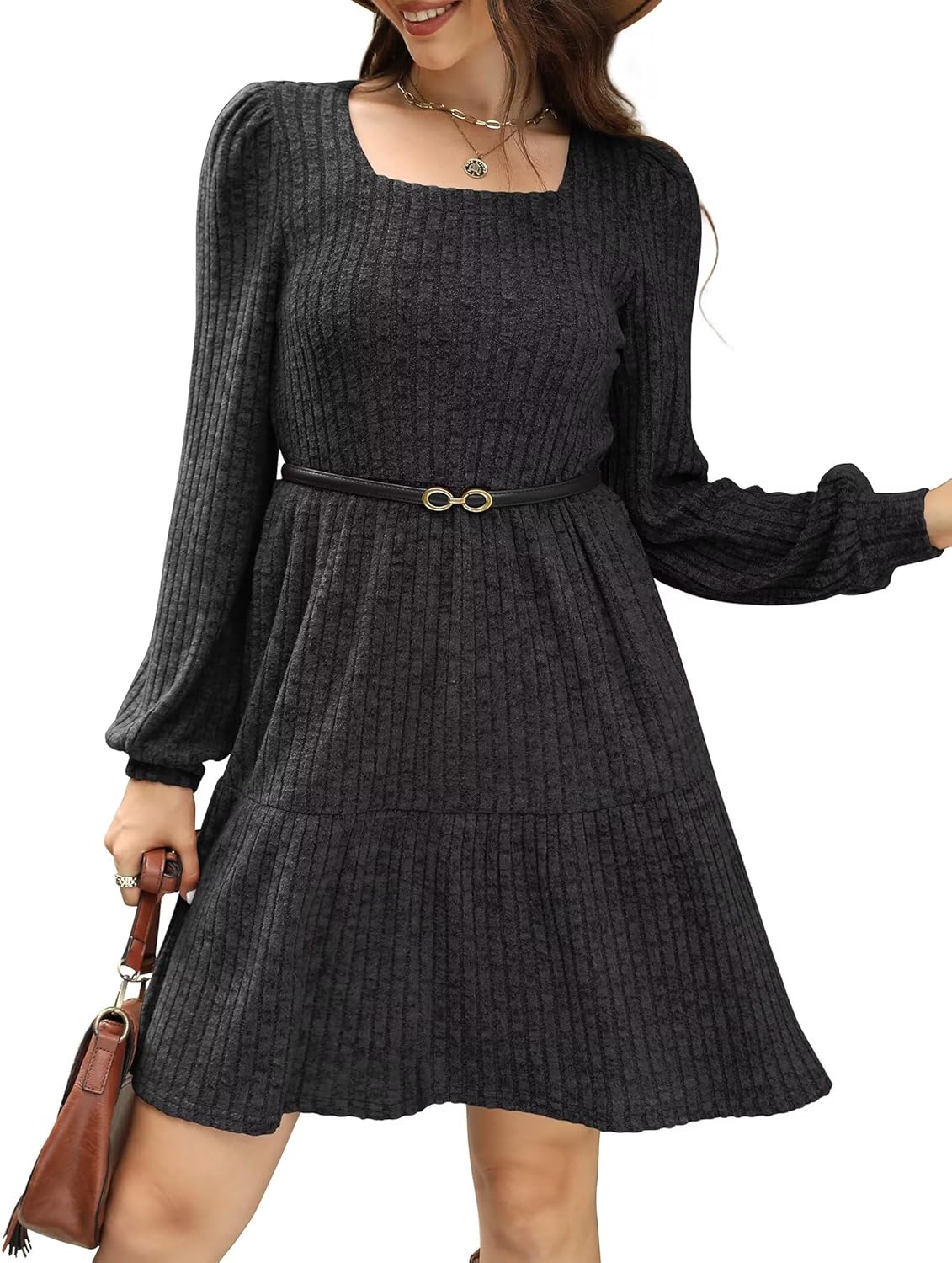 SAMPEEL Fall Dresses for Women 2025 Clothing Trendy Square Neck Long Sleeve A Line Sweater Dress with Pocket