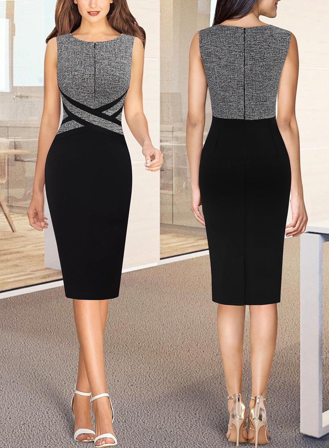 VFSHOW Womens Colorblock Patchwork Slim Front Zipper Work Business Office Party Bodycon Pencil Sheath Dress