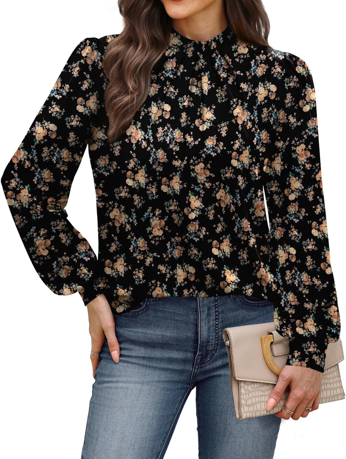 WIHOLL Long Sleeve Shirts for Women Mock Neck Tops Pleated Front Blouses Dressy Casual Fall Clothes 2025 Fashion