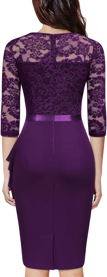 Miusol Women's Retro V Neck Floral Lace Ruffle Style Cocktail Party Dress