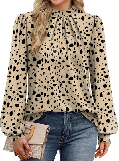 WIHOLL Long Sleeve Shirts for Women Mock Neck Tops Pleated Front Blouses Dressy Casual Fall Clothes 2025 Fashion
