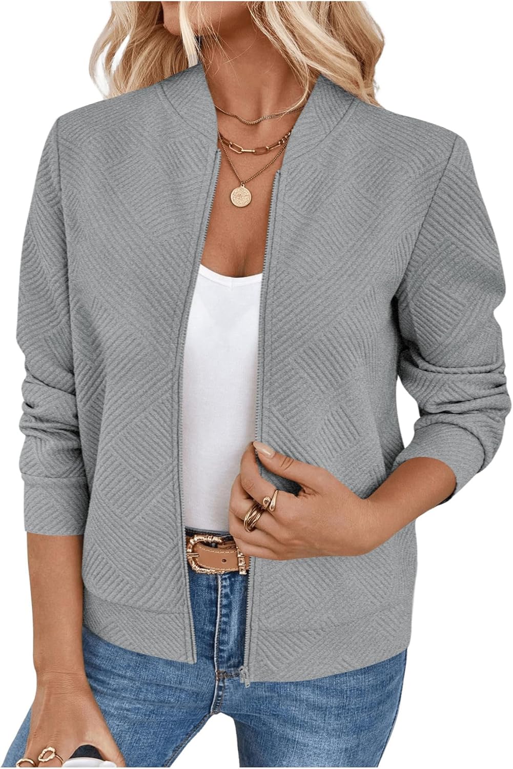 Verdusa Women's Zip Up Textured Lightweight Bomber Jacket Casual Long Sleeve Outerwear