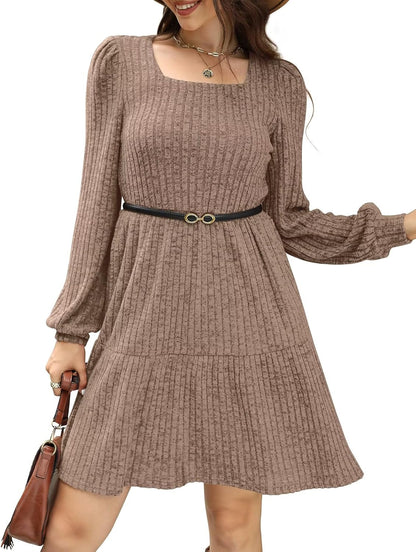 SAMPEEL Fall Dresses for Women 2025 Clothing Trendy Square Neck Long Sleeve A Line Sweater Dress with Pocket