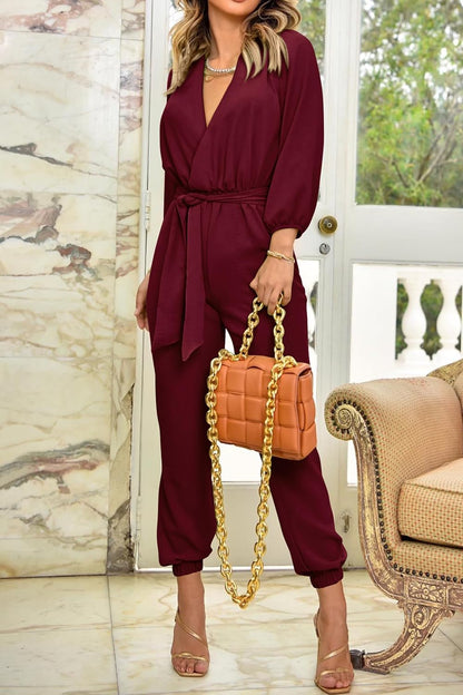 PRETTYGARDEN Women's Fall Jumpsuits Dressy Casual Pants Romper Spring Long Sleeve V Neck Belt Pockets One Piece Outfits