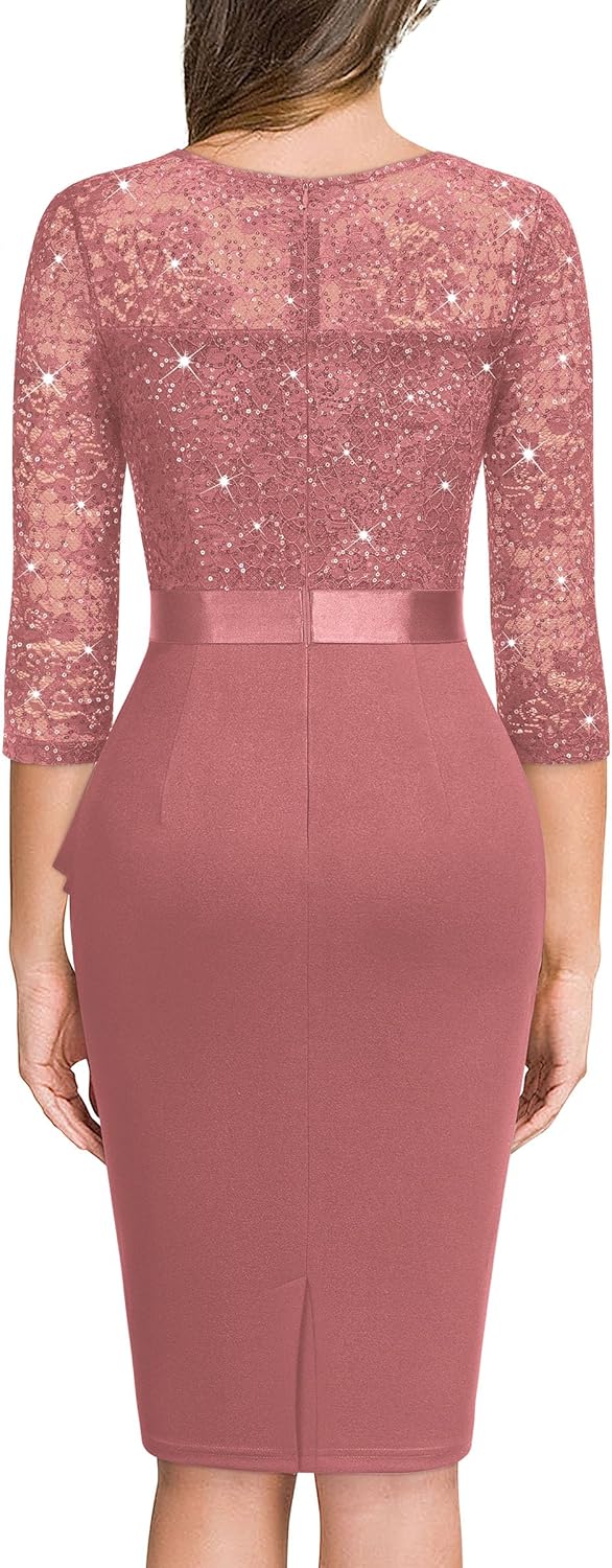 Miusol Women's Retro V Neck Floral Lace Ruffle Style Cocktail Party Dress