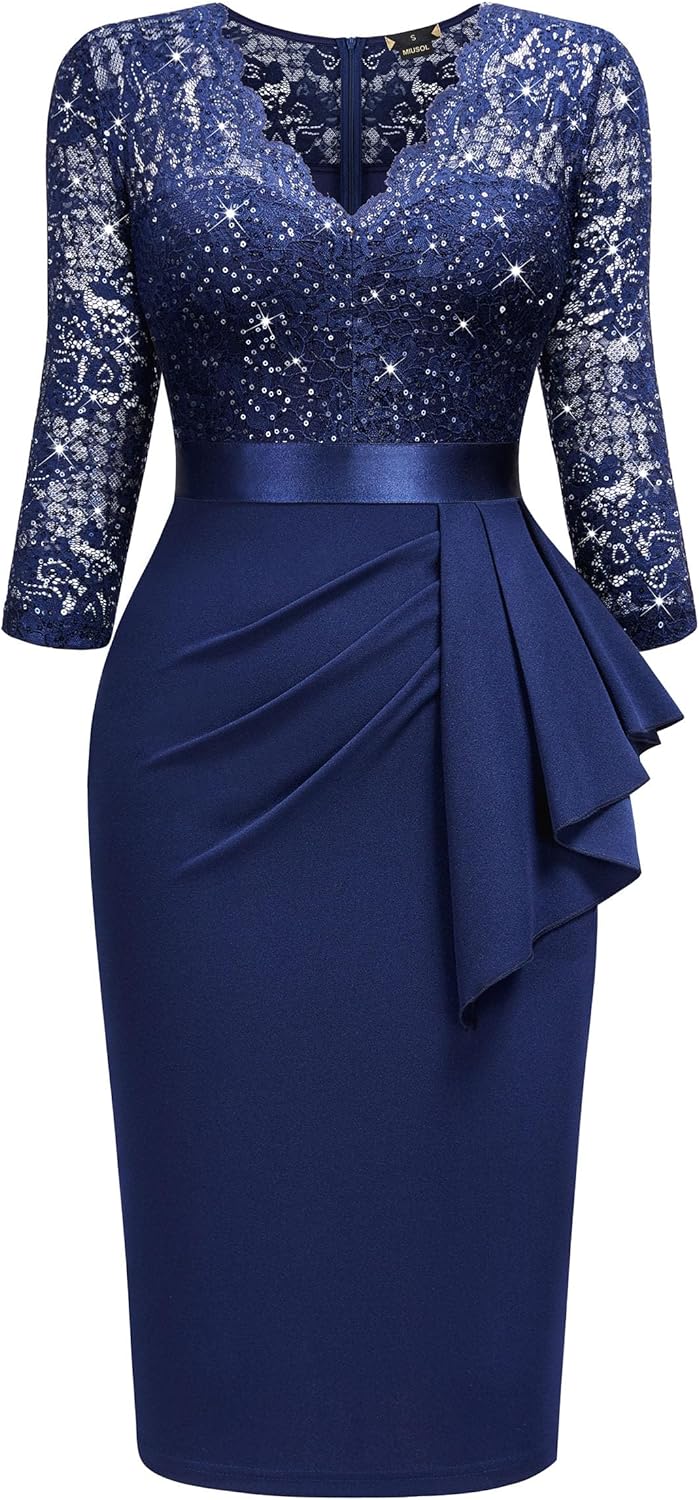 Miusol Women's Retro V Neck Floral Lace Ruffle Style Cocktail Party Dress