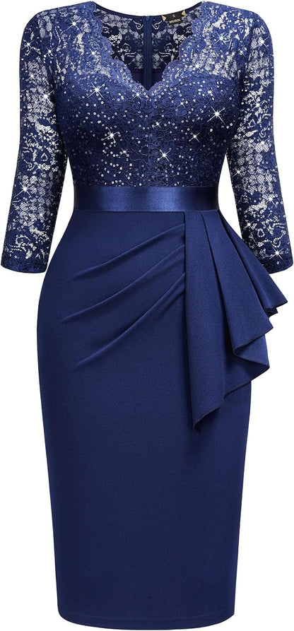 Miusol Women's Retro V Neck Floral Lace Ruffle Style Cocktail Party Dress