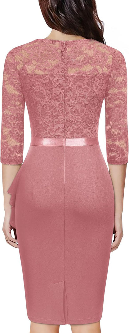 Miusol Women's Retro V Neck Floral Lace Ruffle Style Cocktail Party Dress