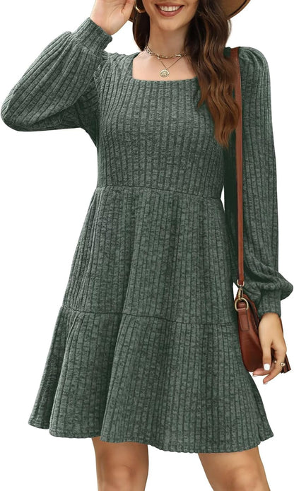 SAMPEEL Fall Dresses for Women 2025 Clothing Trendy Square Neck Long Sleeve A Line Sweater Dress with Pocket