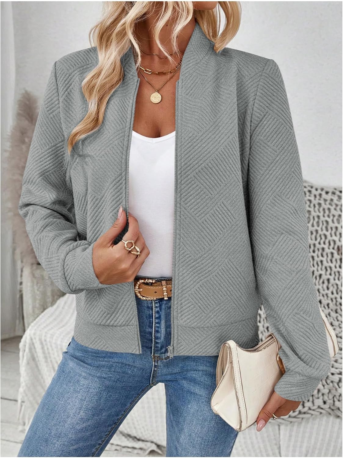 Verdusa Women's Zip Up Textured Lightweight Bomber Jacket Casual Long Sleeve Outerwear