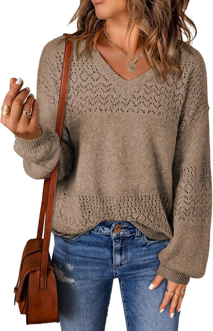 Womens Sweaters Causal Long Sleeve V Neck Lightweight Corchet Pullover Sweater Tops