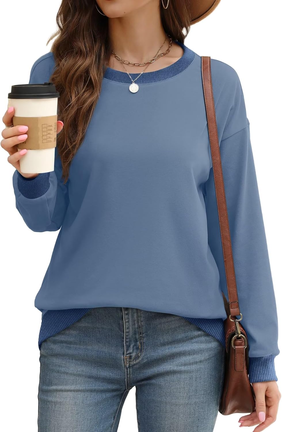 WIHOLL Sweatshirts for Women Crewneck Long Sleeve Loose Fit Sweaters Color Block Ribbed Trim Womens Tops Fall Fashion 2025