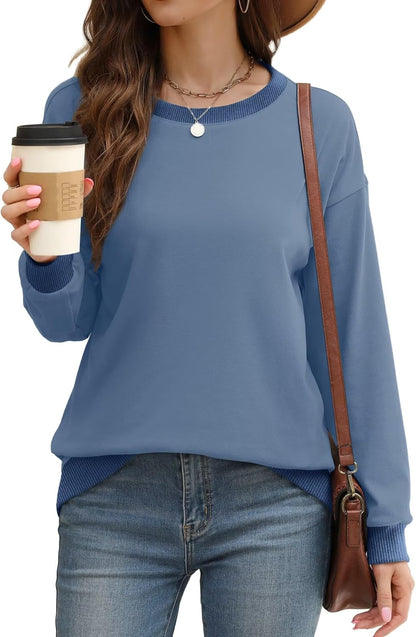 WIHOLL Sweatshirts for Women Crewneck Long Sleeve Loose Fit Sweaters Color Block Ribbed Trim Womens Tops Fall Fashion 2025