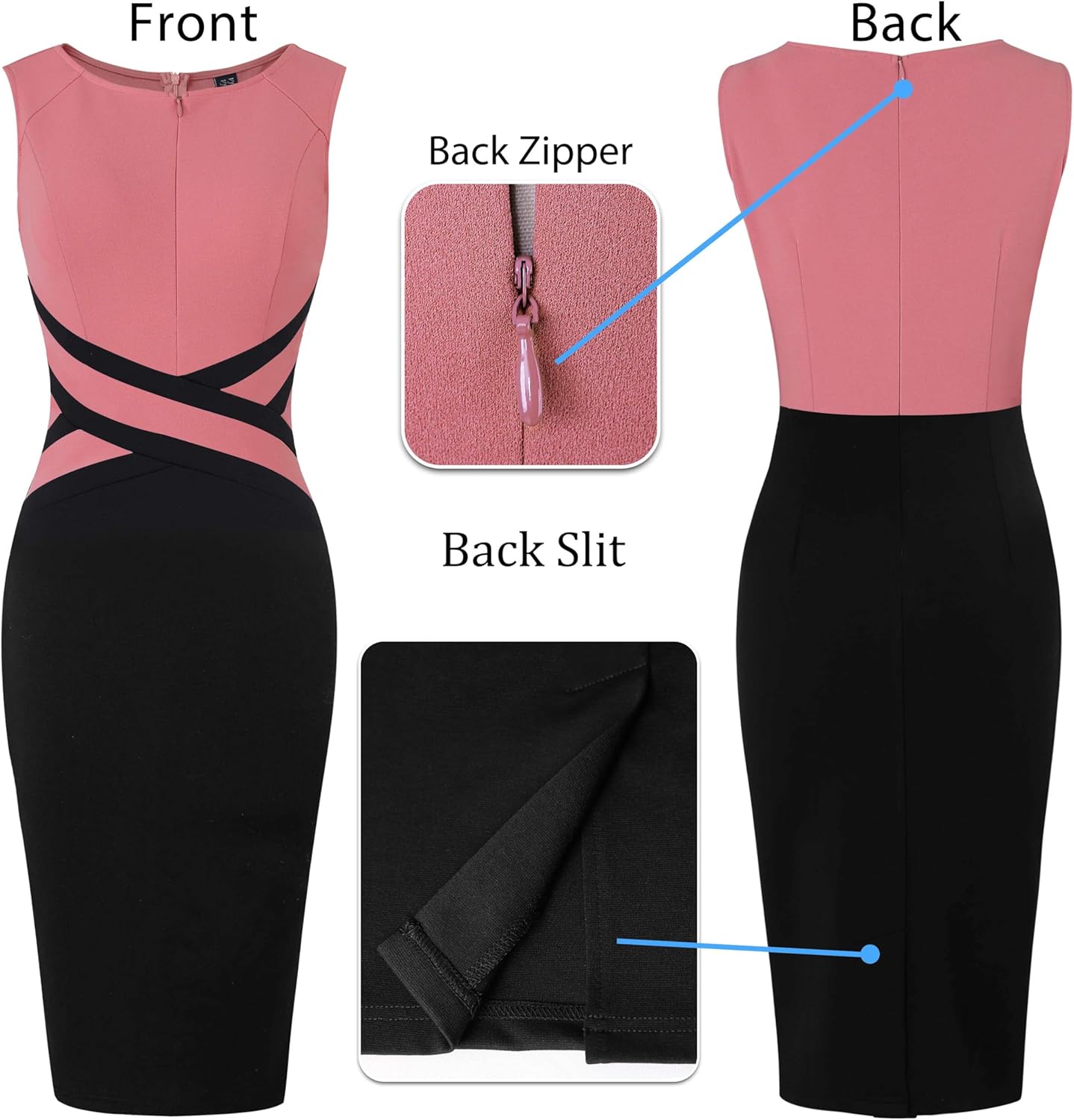 VFSHOW Womens Colorblock Patchwork Slim Front Zipper Work Business Office Party Bodycon Pencil Sheath Dress