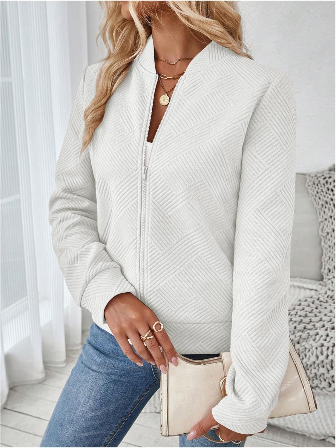 Verdusa Women's Zip Up Textured Lightweight Bomber Jacket Casual Long Sleeve Outerwear