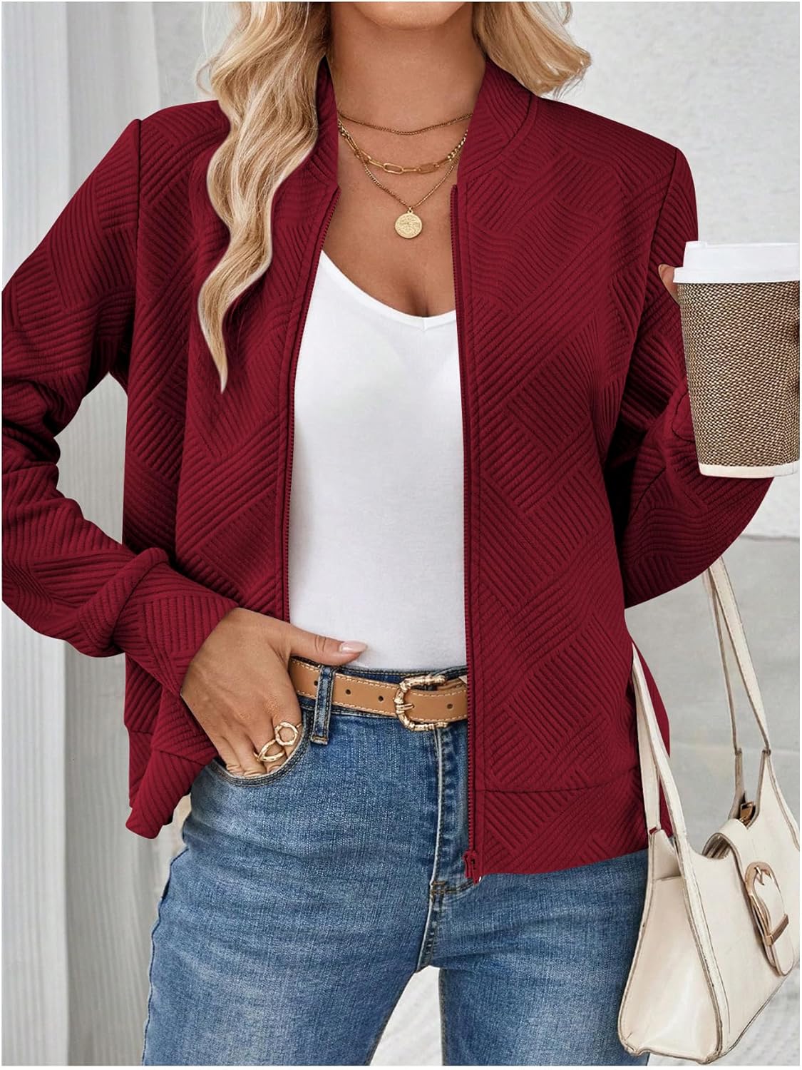 Verdusa Women's Zip Up Textured Lightweight Bomber Jacket Casual Long Sleeve Outerwear