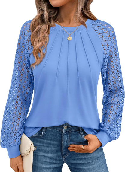 AUTOMET Womens Long Sleeve Shirts Pleated Lace Tops Fall Fashion Outfits Business Casual Blouses