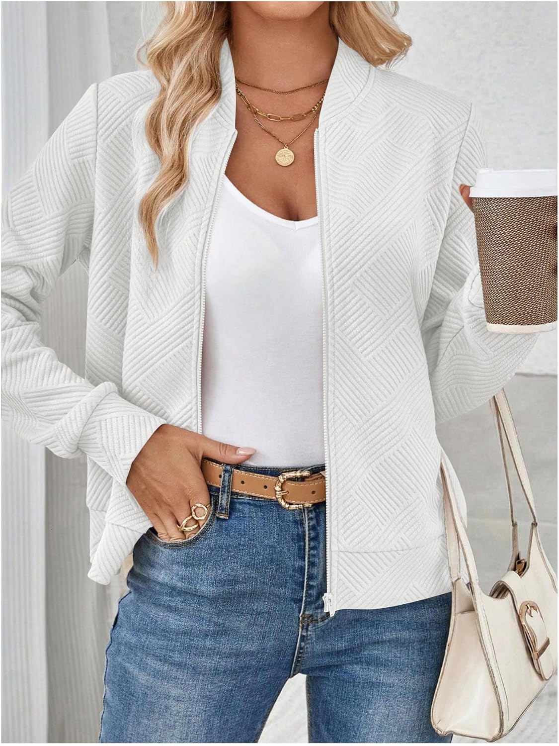 Verdusa Women's Zip Up Textured Lightweight Bomber Jacket Casual Long Sleeve Outerwear