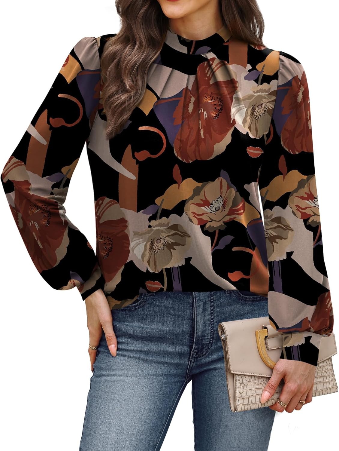 WIHOLL Long Sleeve Shirts for Women Mock Neck Tops Pleated Front Blouses Dressy Casual Fall Clothes 2025 Fashion