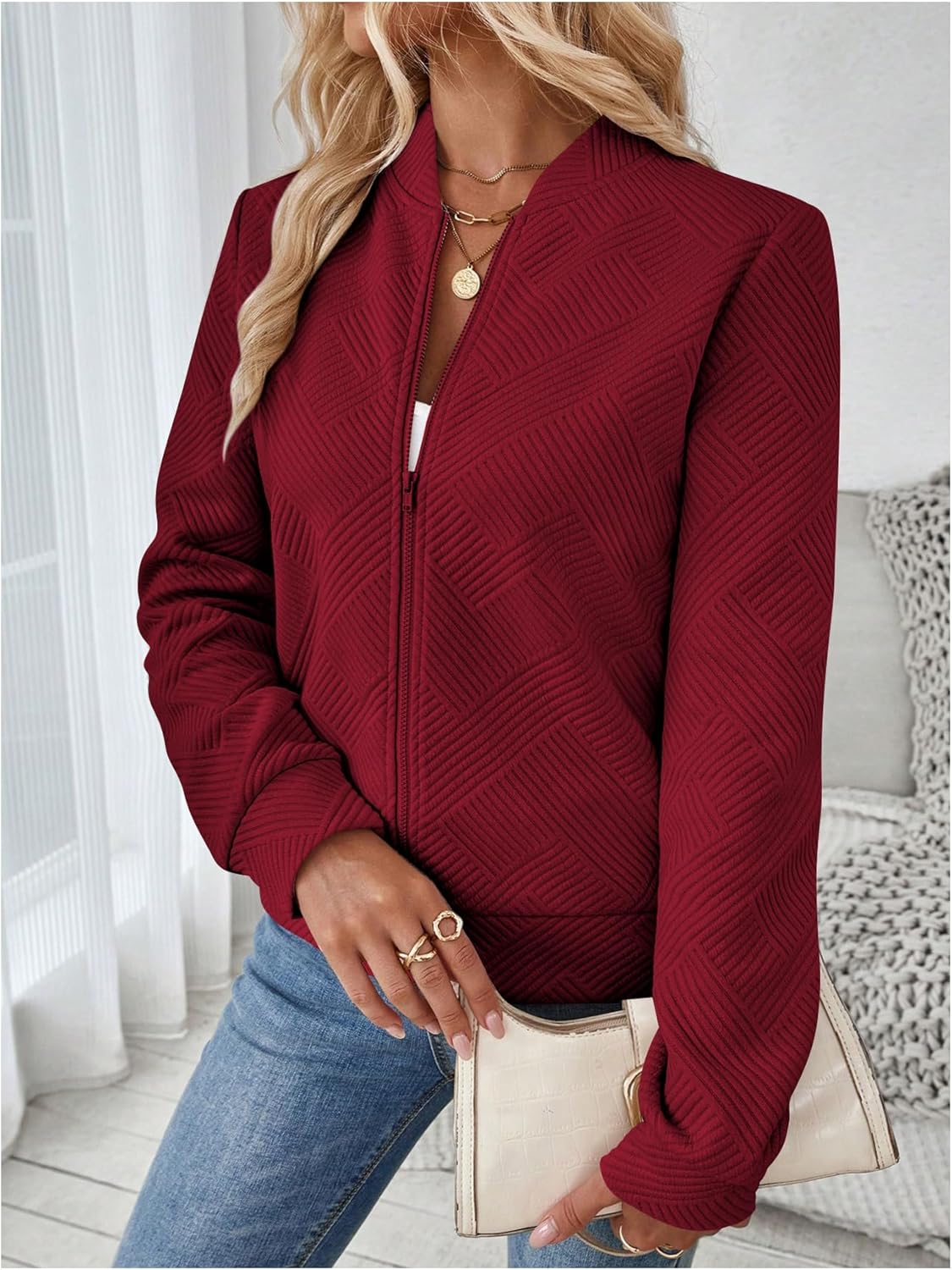 Verdusa Women's Zip Up Textured Lightweight Bomber Jacket Casual Long Sleeve Outerwear