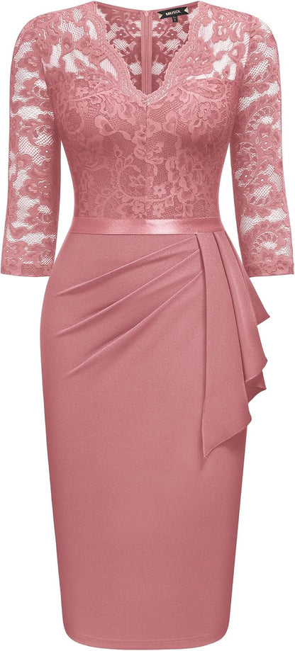 Miusol Women's Retro V Neck Floral Lace Ruffle Style Cocktail Party Dress