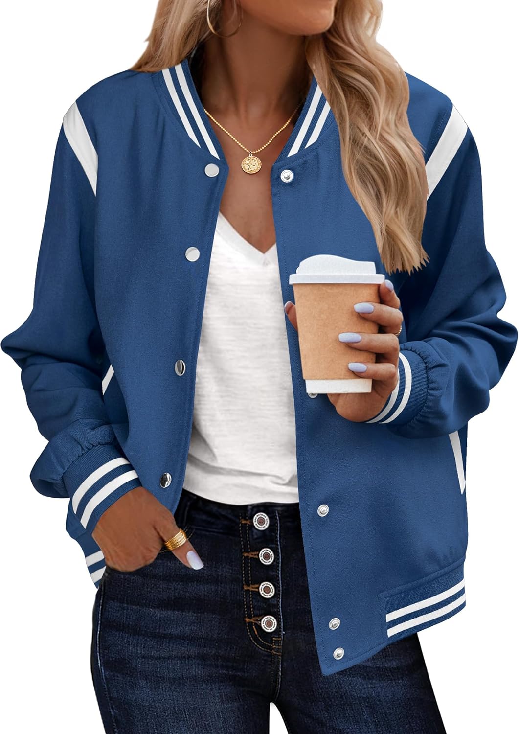 Zeagoo Bomber Jacket Women Varsity Casual Button Down Lightweight 2025 Fall Fashion Short School Outfits with Pockets