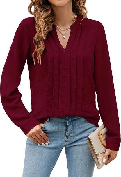 Blooming Jelly Women's Dressy Casual Blouses Business Work Tops Long Sleeve V Neck Pleated Shirts 2025 Fall Outfits