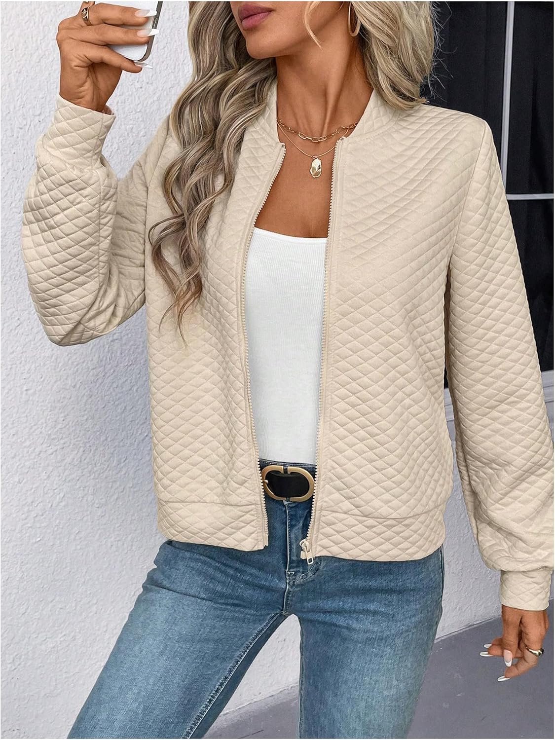 Verdusa Women's Zip Up Textured Lightweight Bomber Jacket Casual Long Sleeve Outerwear