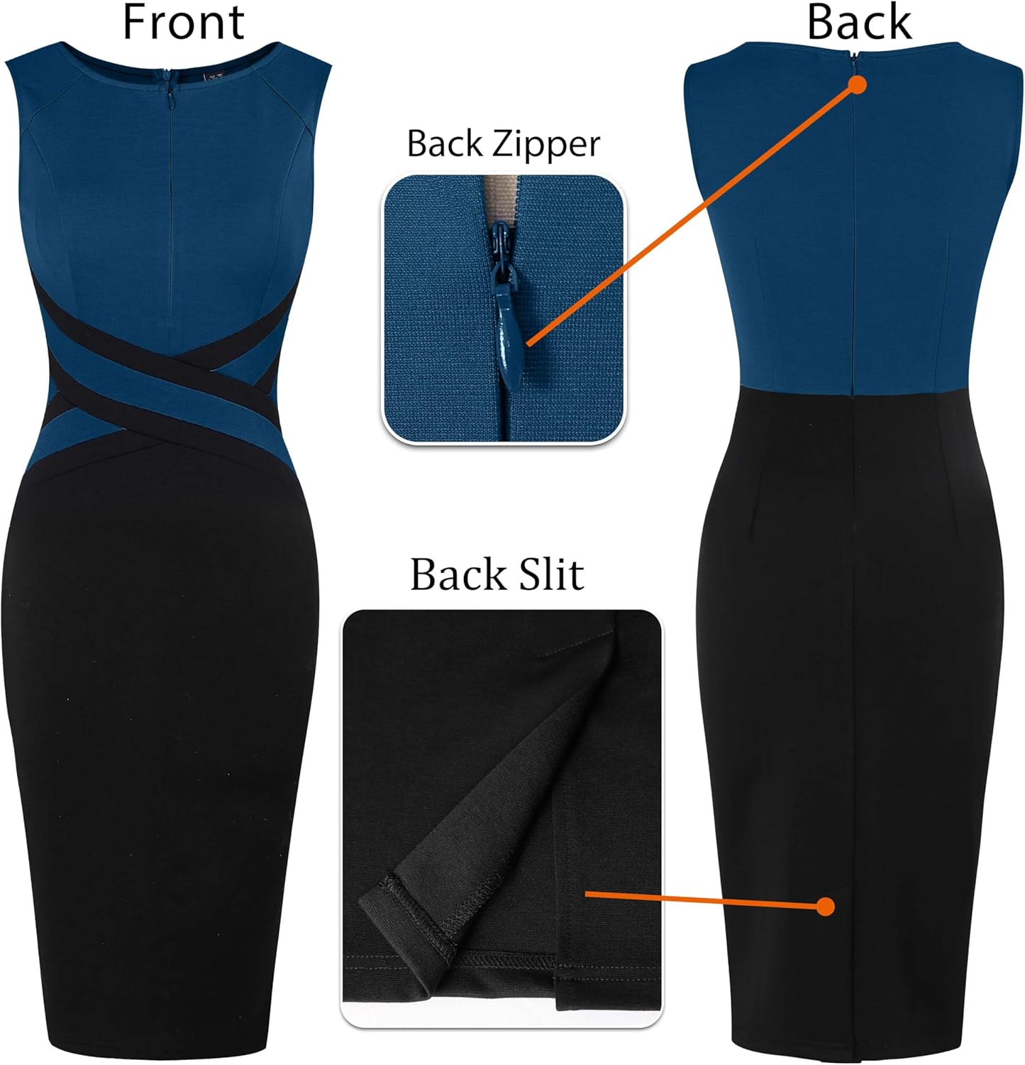 VFSHOW Womens Colorblock Patchwork Slim Front Zipper Work Business Office Party Bodycon Pencil Sheath Dress