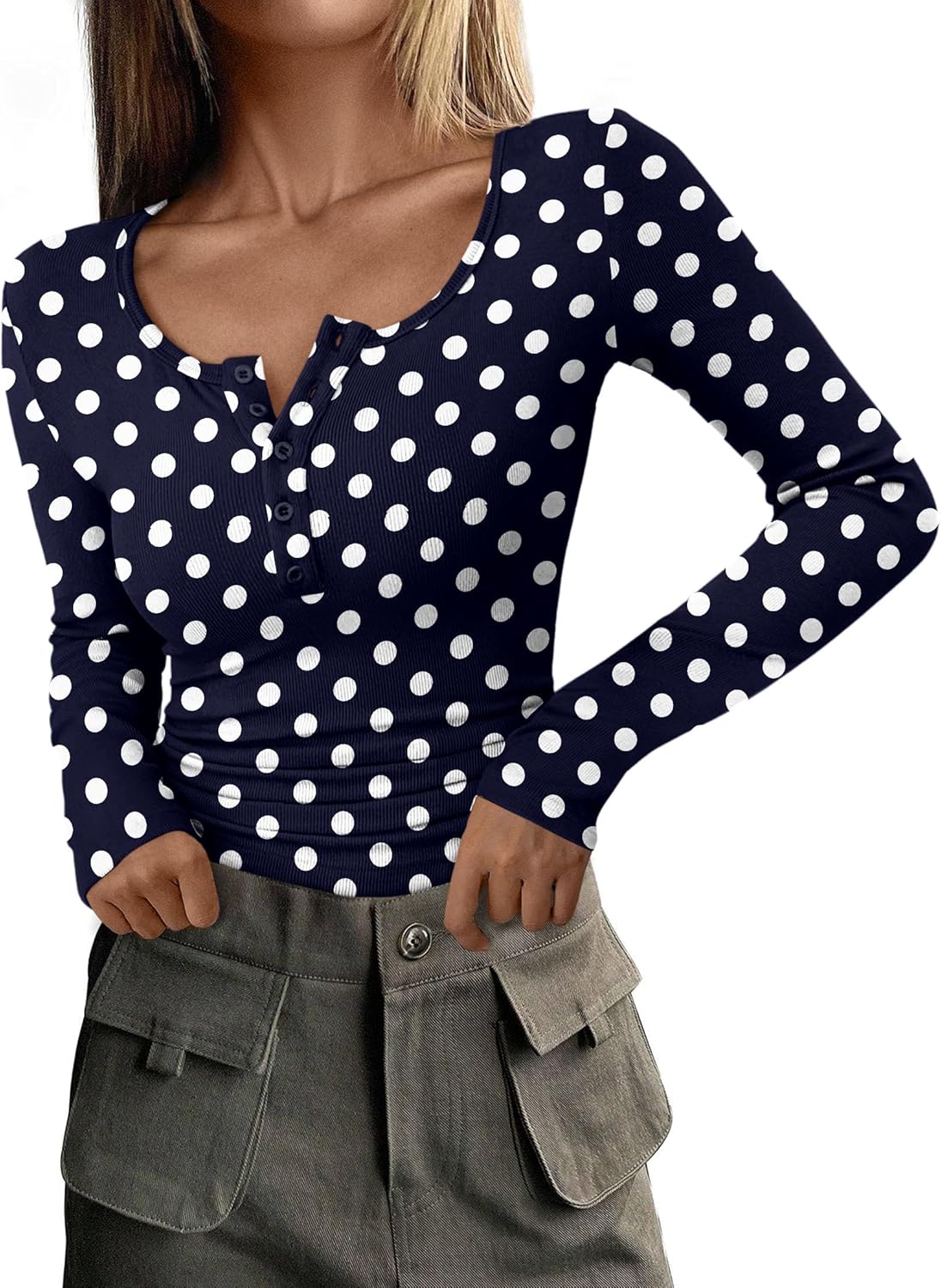 Ribbed Henley Long Sleeve Top