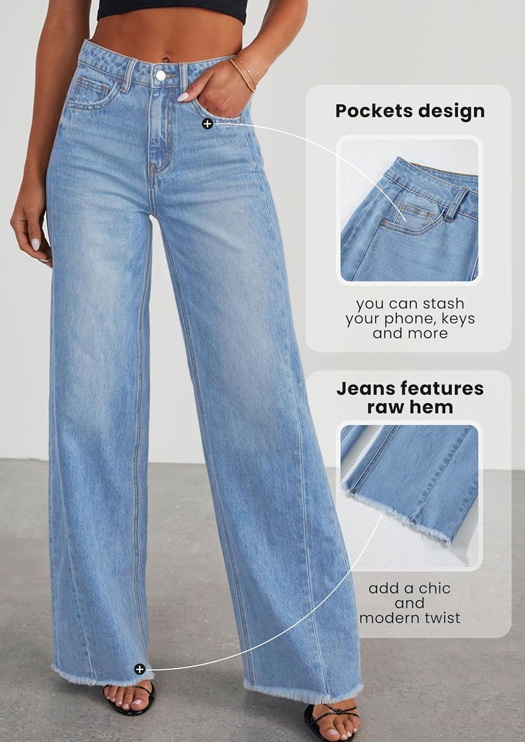 PRETTYGARDEN Wide Leg Jeans for Women Trendy 2025 High Waisted Stretchy Baggy Raw Hem Denim Palazzo Pants with Pockets