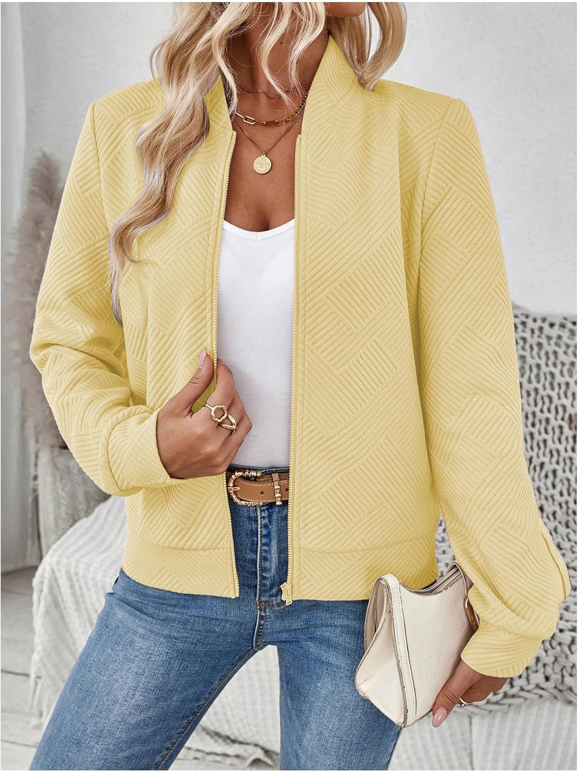 Verdusa Women's Zip Up Textured Lightweight Bomber Jacket Casual Long Sleeve Outerwear