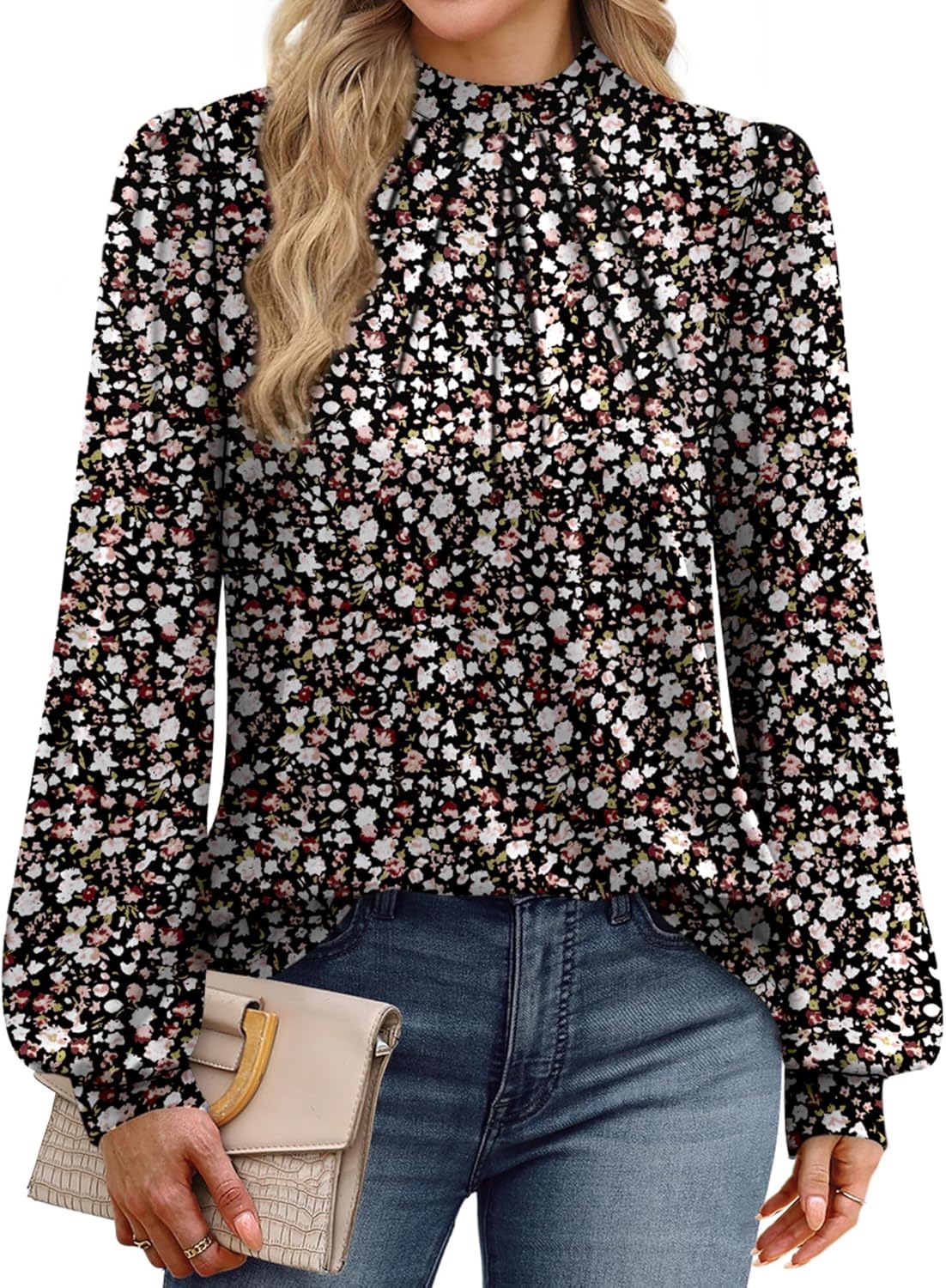 WIHOLL Long Sleeve Shirts for Women Mock Neck Tops Pleated Front Blouses Dressy Casual Fall Clothes 2025 Fashion