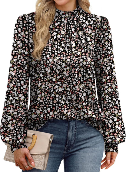 WIHOLL Long Sleeve Shirts for Women Mock Neck Tops Pleated Front Blouses Dressy Casual Fall Clothes 2025 Fashion