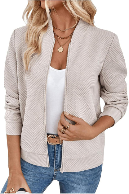 Verdusa Women's Zip Up Textured Lightweight Bomber Jacket Casual Long Sleeve Outerwear