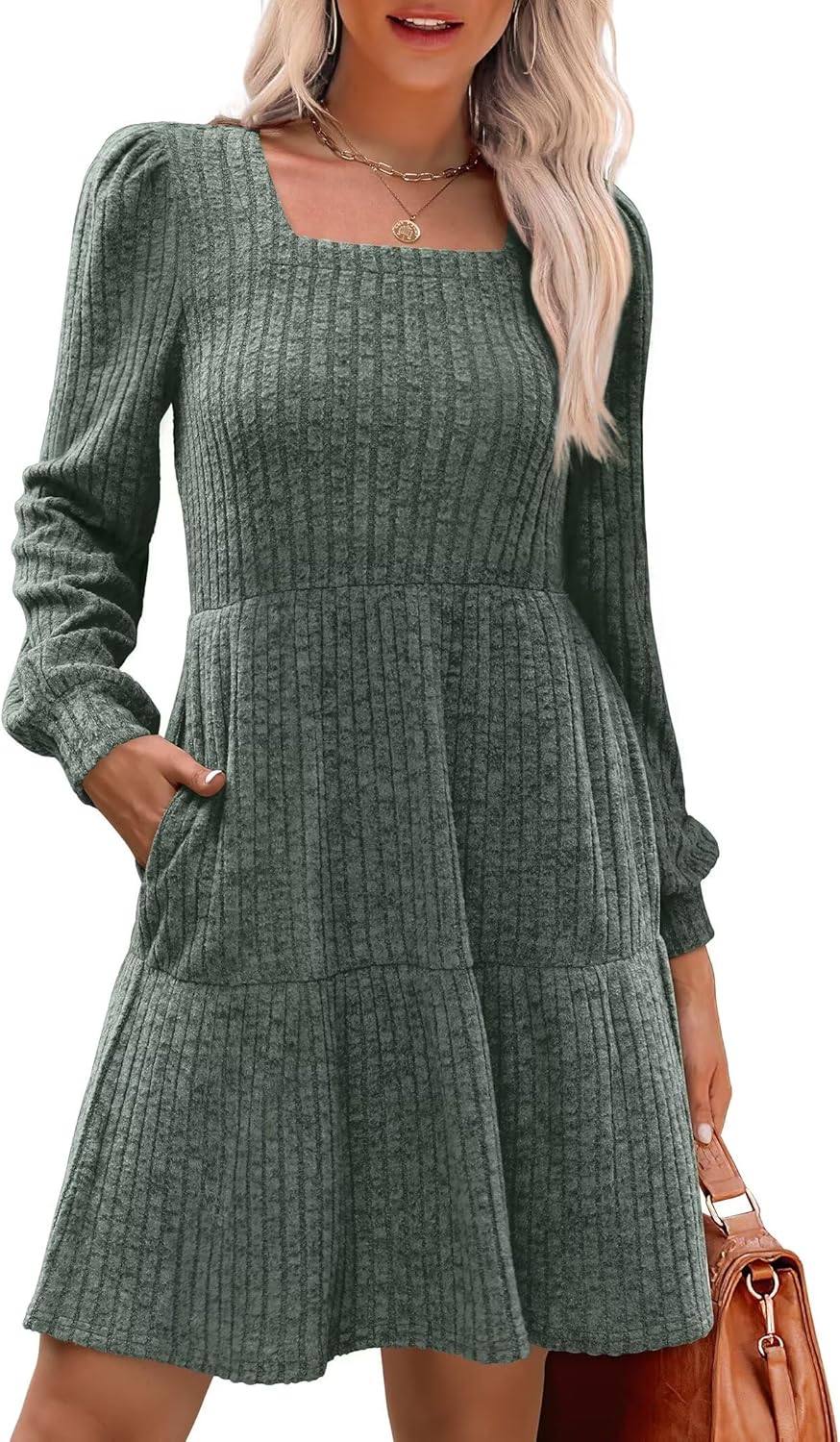 SAMPEEL Fall Dresses for Women 2025 Clothing Trendy Square Neck Long Sleeve A Line Sweater Dress with Pocket