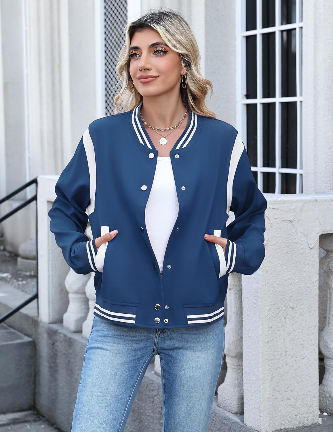 Zeagoo Bomber Jacket Women Varsity Casual Button Down Lightweight 2025 Fall Fashion Short School Outfits with Pockets