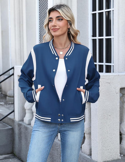 Zeagoo Bomber Jacket Women Varsity Casual Button Down Lightweight 2025 Fall Fashion Short School Outfits with Pockets